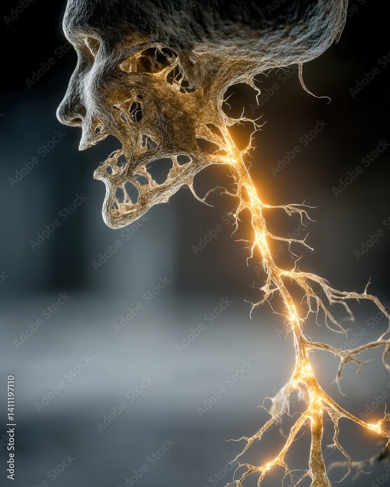 A surreal portrait of a human face merging with glowing neural synapses and fractal light patterns, capturing an emotional expression frozen in thought.
