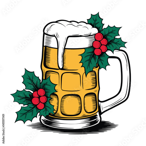 estive Beer Mug with Holly Berries Christmas Illustration