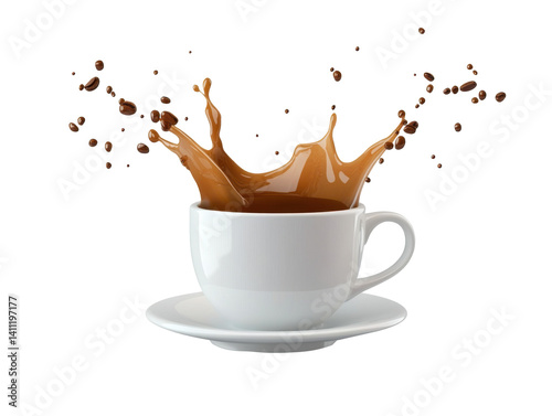 coffee splash in a white cup on white background.