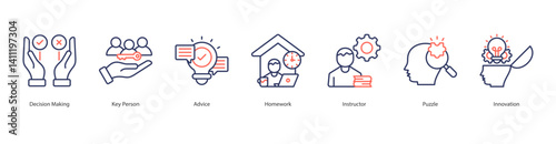 Decision Process icon sheet vector decision making, key person, advice, homework, instructor, puzzle, innovation