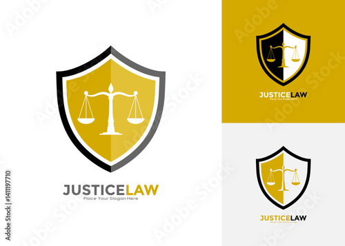 Law shield logo template vector. Suitable for business, education, legal services logo. Notary, justice, lawyer icon or symbol Vector