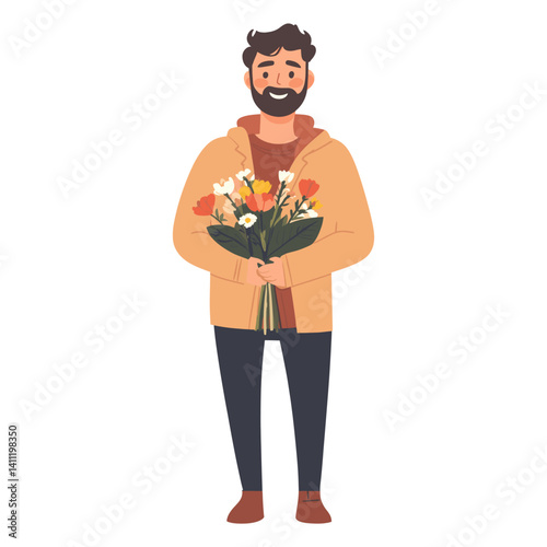 A man holding a bouquet illustration flowers happy vector