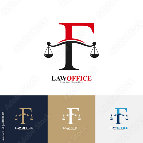 Law office letter F logo template vector. Suitable for lawyer, justice, law attorney, legal, lawyer service, scale, law firm, initial and label poster  