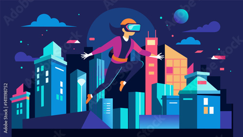 A virtual cityscape made entirely out of data with a person soaring over it in their VR headset.. Vector illustration
