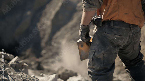 Blasting technician preparing charges for a controlled detonation in a mining site. Featuring safety and precision