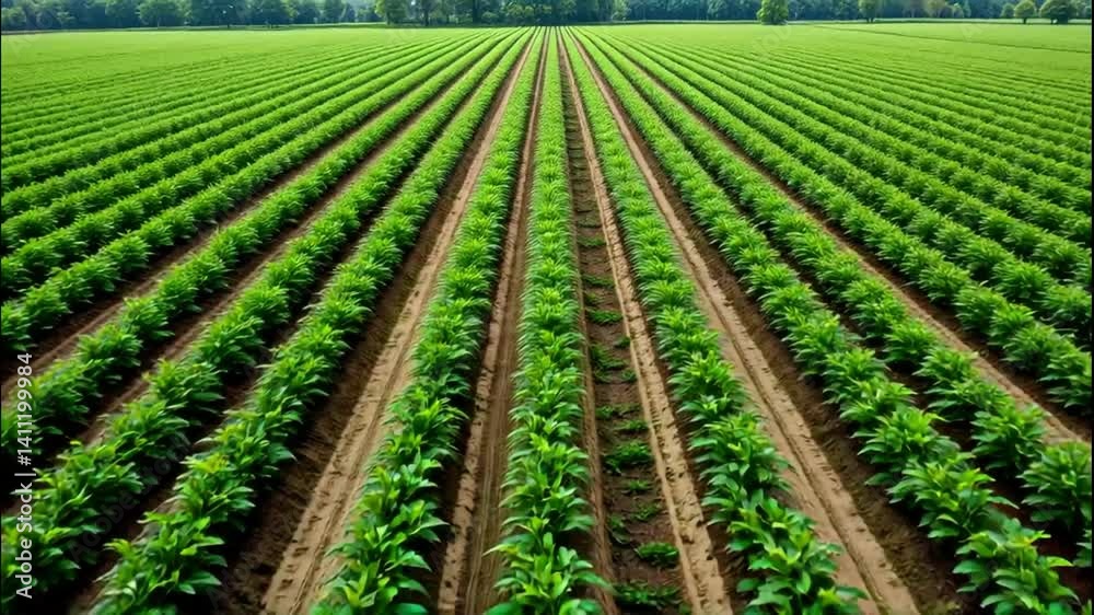 Lush green crop field rows abundant agriculture sustainable farming natural growth Lush green crop field rows abundant agriculture sustainable farming natural growth
