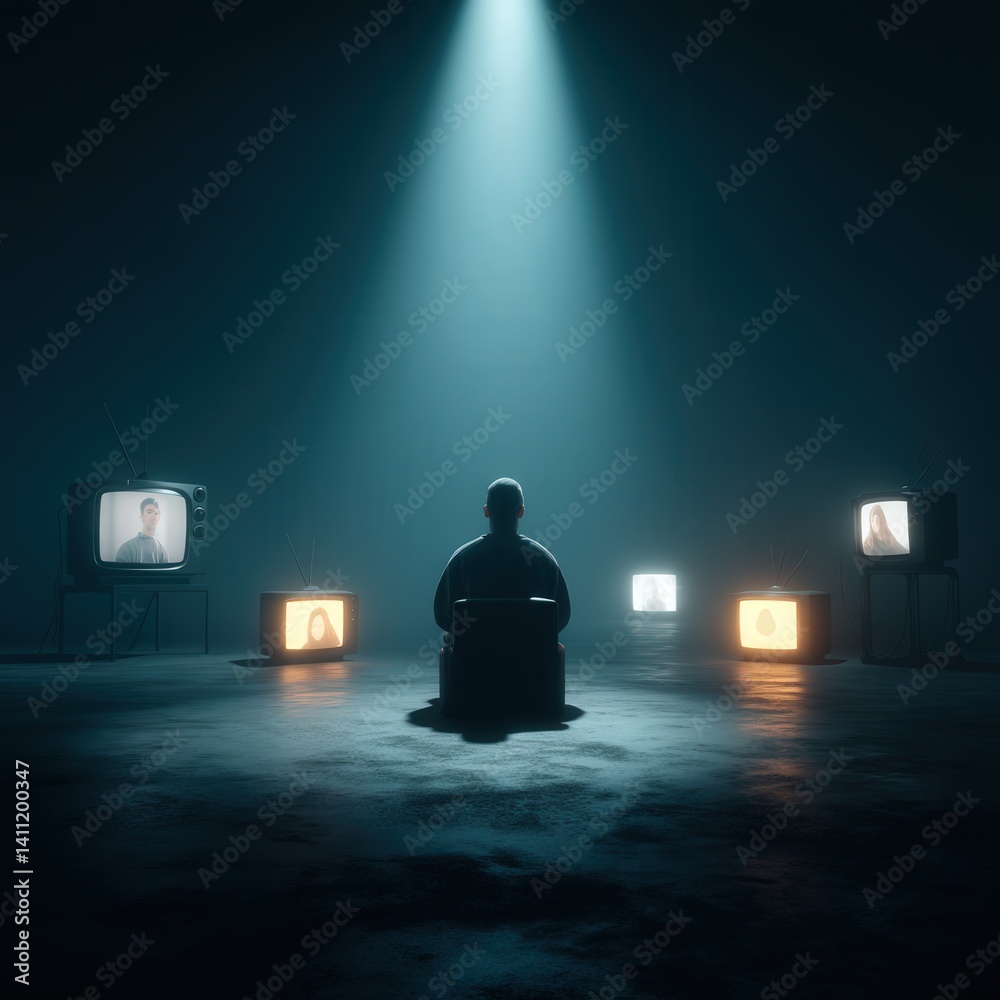 A person surrounded by floating social media icons and chat windows, isolated in a neon-lit space, lost in the digital noise of virtual connections.
