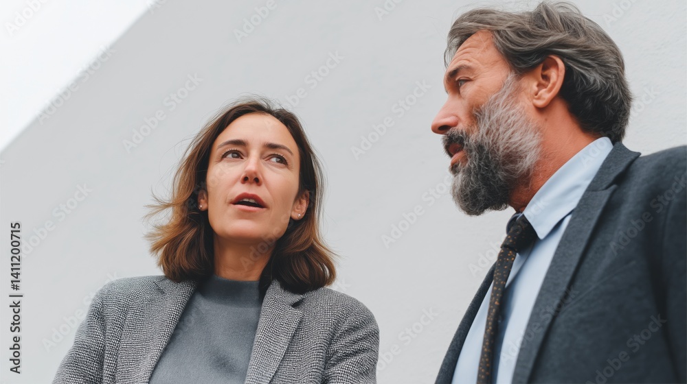 Professional conversation between two colleagues in a modern urban setting during daylight.
