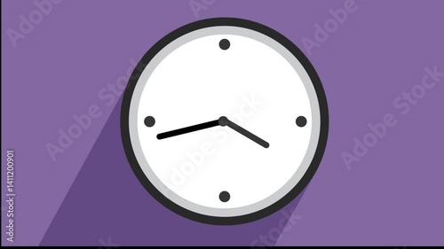 simple animated 4k video of a minimal clock set on a purple background, time, hours, minutes, counting time