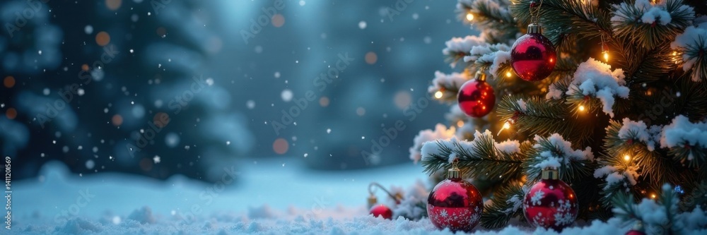 Snowy Christmas tree with ornaments and lights, snowy landscape, festive background, holiday decor Snowy Christmas tree with ornaments and lights, snowy landscape, festive background, holiday decor