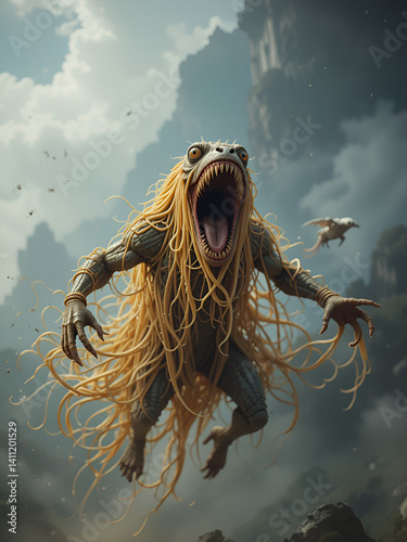 Flying spaghetti monster with wide open mouth, symbol of pastafarian religion, atheism