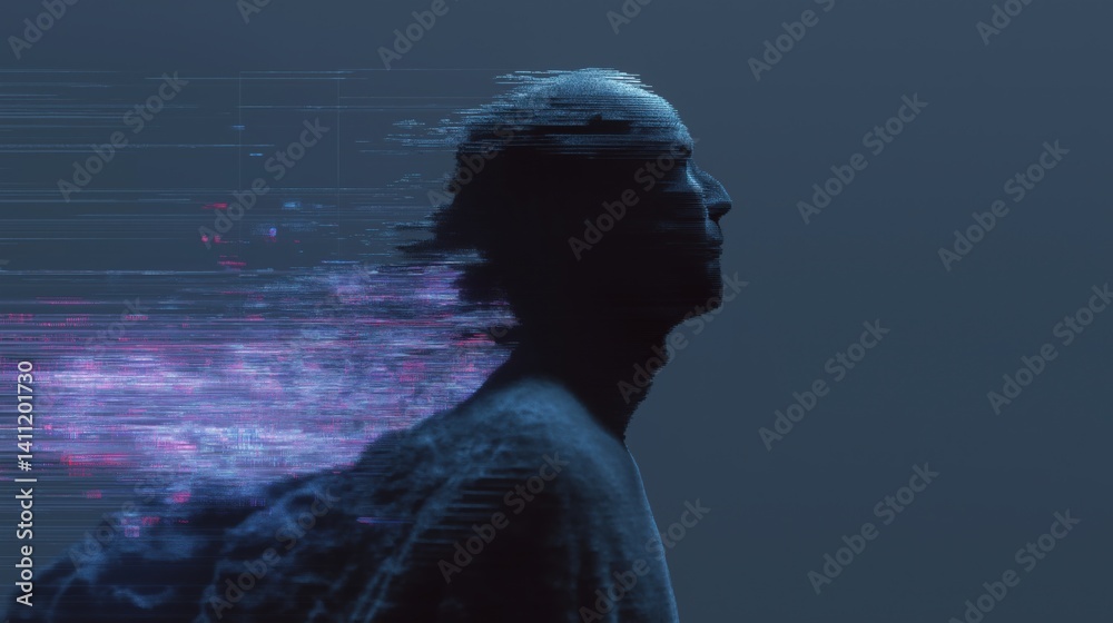 Digital transformation of the human form in an abstract representation of motion and technology.