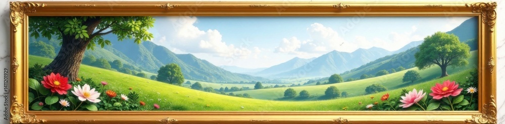 Elegant golden frame surrounds a serene landscape on a marble background, Peaceful, Nature Scene Elegant golden frame surrounds a serene landscape on a marble background, Peaceful, Nature Scene