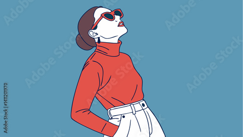 Fashionable confident woman wearing trendy red wraparound 90s style sunglasses, turtleneck, white denim skirt, posing on blue background. Studio fashion portrait  vector, illustration.
 

