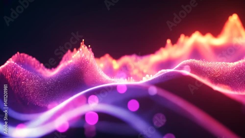 Abstract particle wave background with glowing pink and purple lights