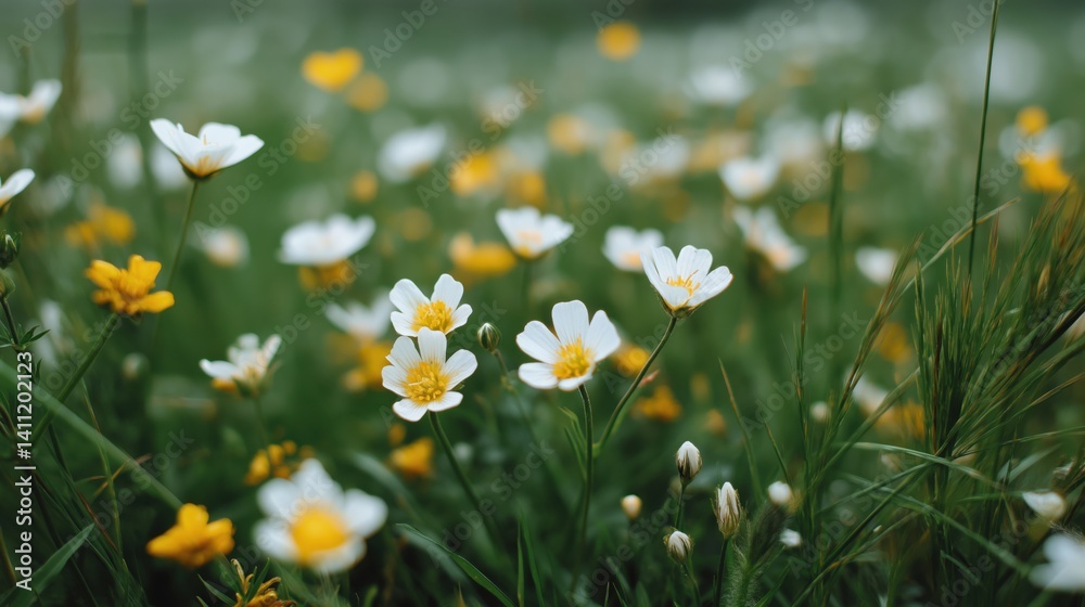 Bright wildflowers bloom in a green meadow during the spring season under soft morning light.