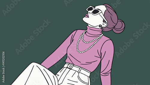 Fashionable confident woman wearing trendy pink  wraparound 90s style sunglasses, turtleneck, white denim skirt, posing on green background. Studio fashion portrait  vector, illustration.
 
 