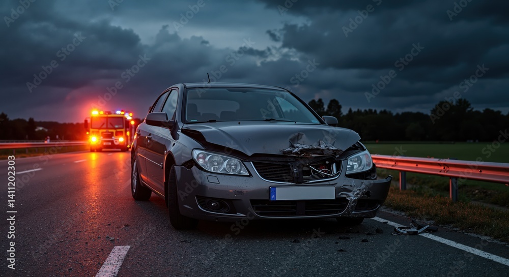 Naklejka premium Damaged car on roadside after accident against dark sky 