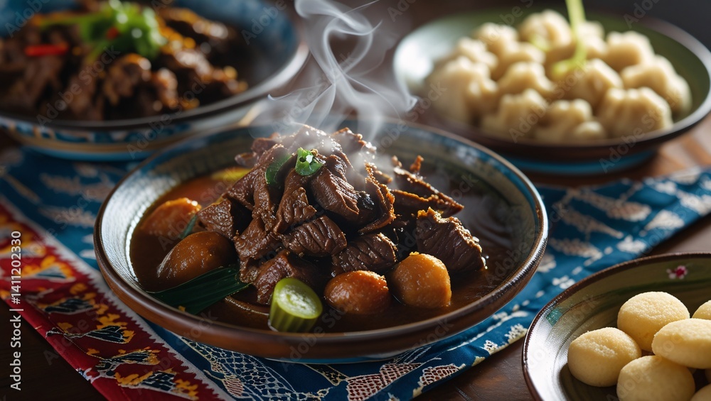 Fototapeta premium Steaming Bowl of Aromatic Beef Stew with Dumplings A Culinary Delight