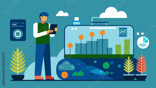 Realtime data from smart sensors in the tank informs the farmer about crucial parameters such as temperature pH levels and dissolved oxygen levels.. Vector illustration