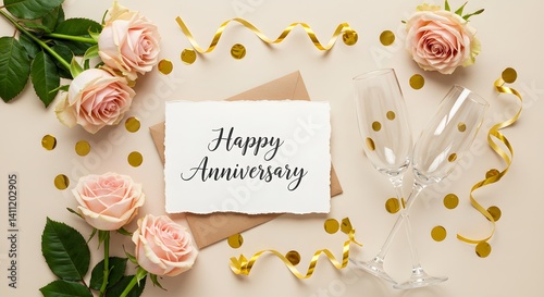 Celebration of love with anniversary decorations featuring roses and champagne glasses on a soft background Generative AI