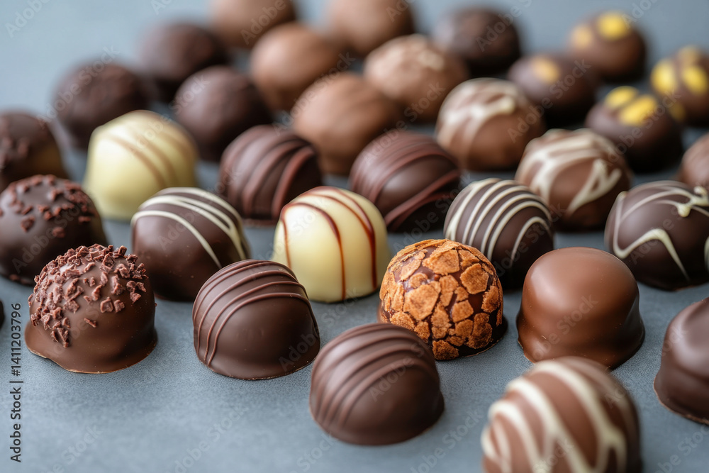 Chocolates arranged on a table with elegant packaging and ribbons, creating a luxurious and appetizing display. Chocolates arranged on a table with elegant packaging and ribbons, creating a luxurious and appetizing display.