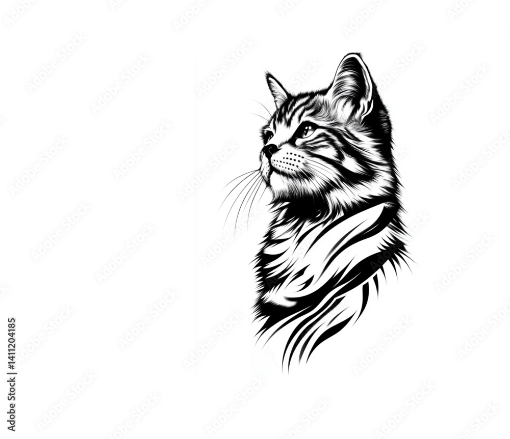 Fototapeta premium Elegant striped cat illustration, graceful, looking upwards, on a white surface