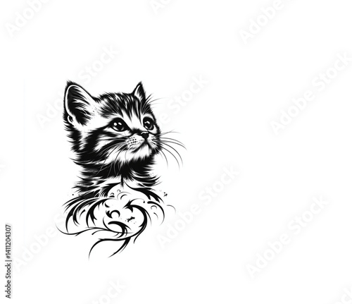 Curious kitten with floral flourish, playful, gazing up, on a white backdrop