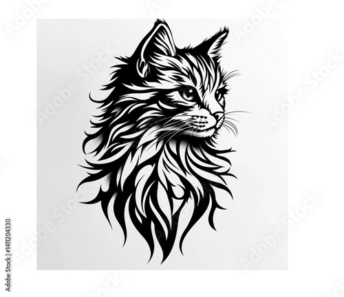 Enigmatic cat with dark markings, intense, looking upwards, on a white field