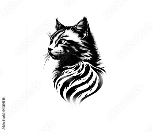 Contrasting patterned cat, unique, looking to the side with intensity, on a white space
