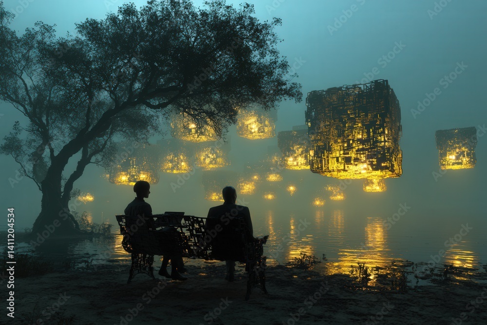 A human and a synthetic being sit together on a futuristic bench, sharing a peaceful moment overlooking a digital landscape, symbolizing unity of biology and machine.