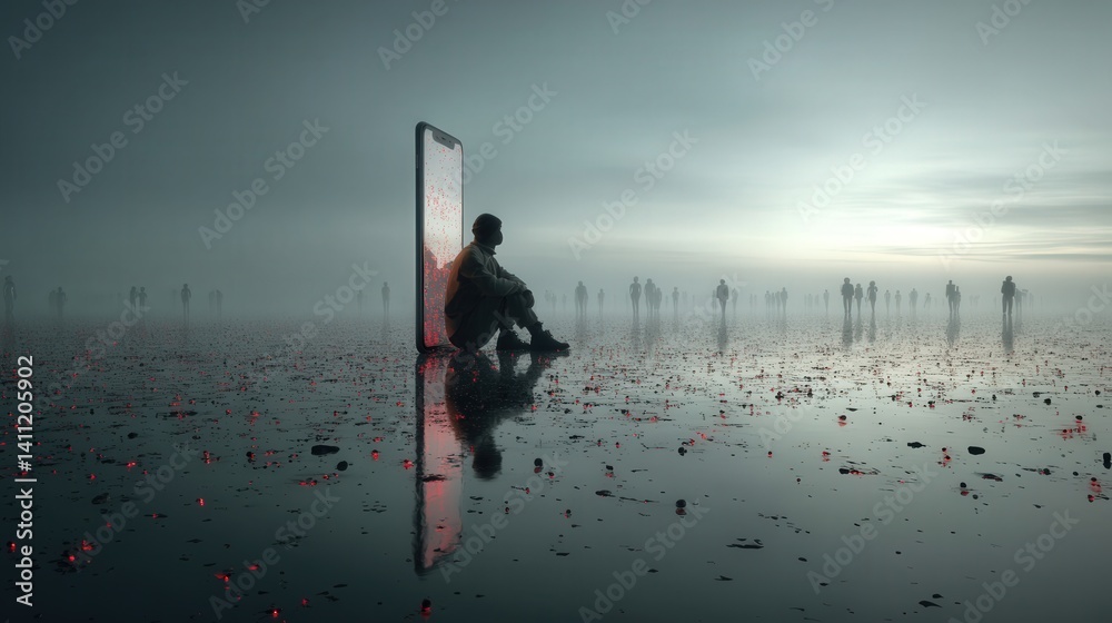 A human silhouette sits inside a transparent smartphone, drifting in space, surrounded by endless notifications and ghosted avatars, symbolizing solitude.