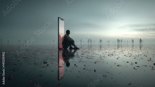 Obraz na płótnie A human silhouette sits inside a transparent smartphone, drifting in space, surrounded by endless notifications and ghosted avatars, symbolizing solitude. w salonie