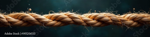Taut rope with frayed fibers, cracks and splits , damaged, splitting