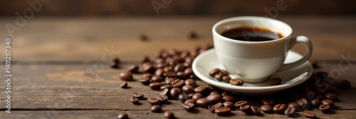 Espresso cup on vintage wooden table with coffee beans scattered around, , coffee beans