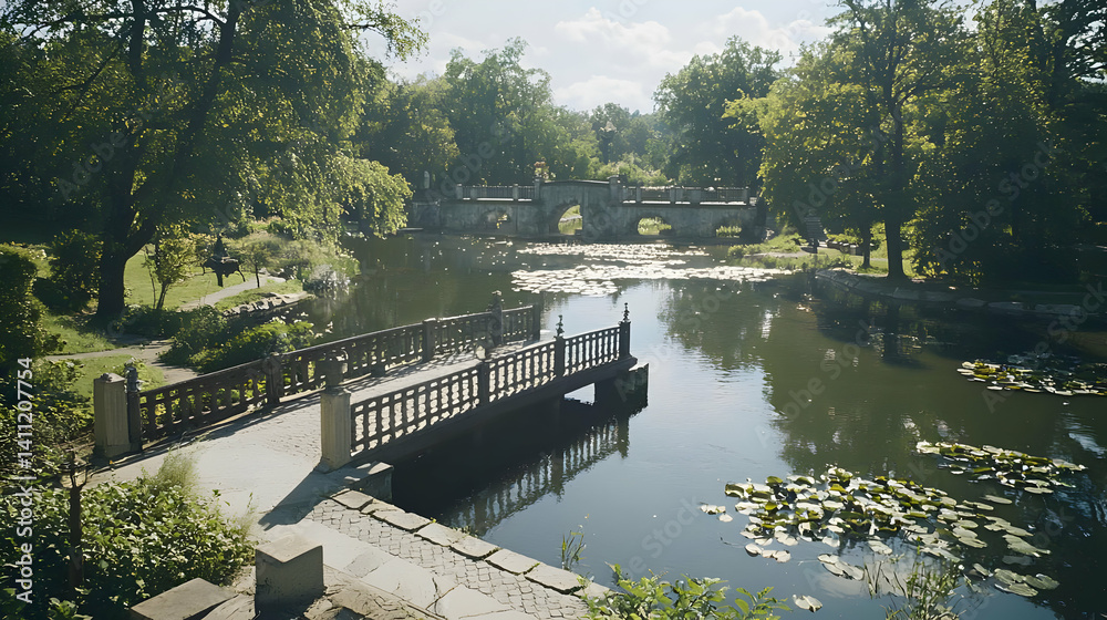 Parkland River Scene With Wooden Bridge Parkland River Scene With Wooden Bridge
