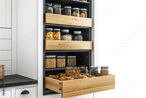 Kitchen cabinet filled with drawers and jars of various spices neatly organized, with labels visible.