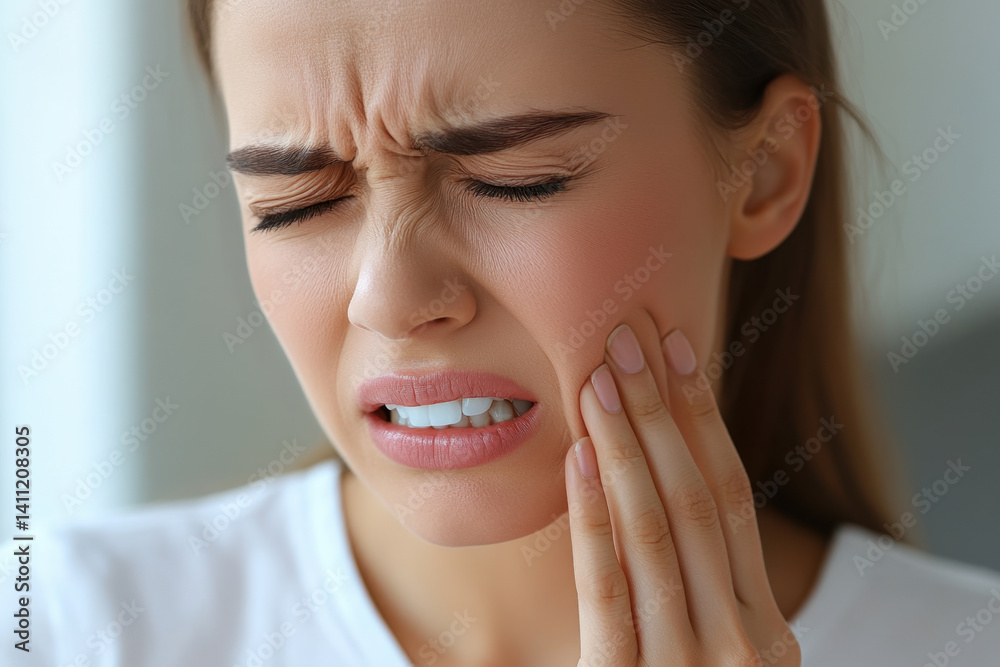 Woman holding a toothbrush, brushing her teeth in a bright bathroom with a mirror and fresh flowers on the counter.