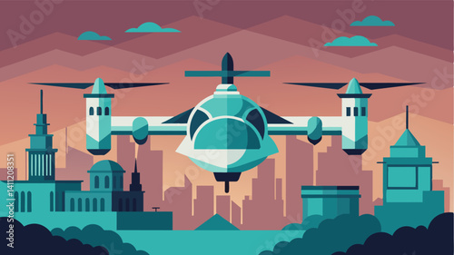 Against a backdrop of ancient temples and towering skyscraperapers an eVTOL displays its tingedge technology while flying over the city.. Vector illustration