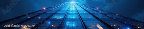 Modern glass skyscraper facade with LED lighting, cityscape, exterior