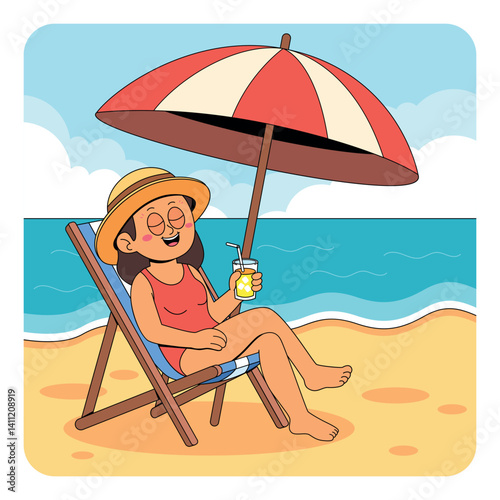Woman Relaxing on the Beach Cartoon