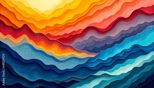 An abstract landscape painting composed of layered colorful waves that resemble mountain ranges