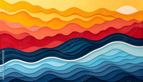 An abstract landscape painting composed of layered colorful waves that resemble mountain ranges