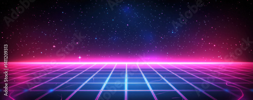 A colorful, futuristic background with a blue and pink gradient. The sky is filled with stars and the image has a futuristic, sci-fi vibe