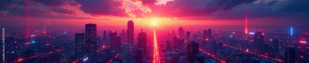 Fototapeta premium Neon-lit app icons in a futuristic cityscape at sunset , mobile, futuristic