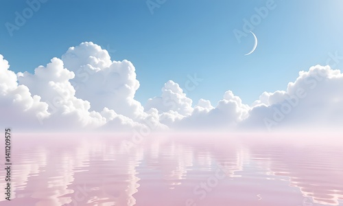 A crescent moon above clouds in a blue sky over water.