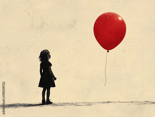 Silhouette of little girl with red balloon offering a poignant and dreamy aesthetic