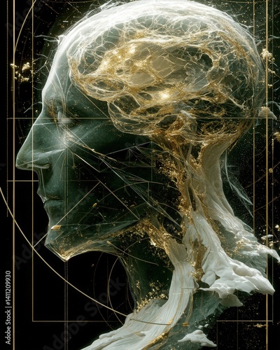 A human portrait, part glass and glowing with fractal neurons, suspended in a void with geometric lines, embodying the philosophical beauty of the mind.