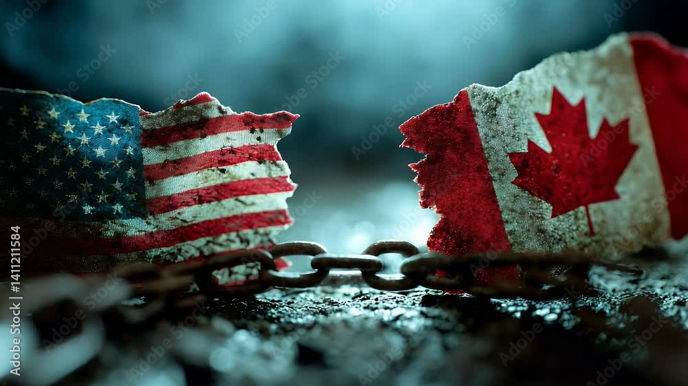 US & Canadian flags torn apart with a chain. Tension, conflict, division, and political struggle