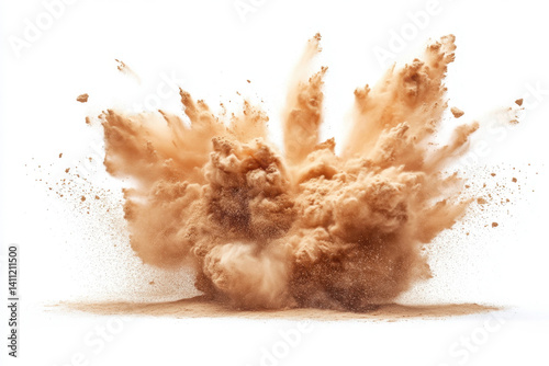 Brown powder explosion on white background.